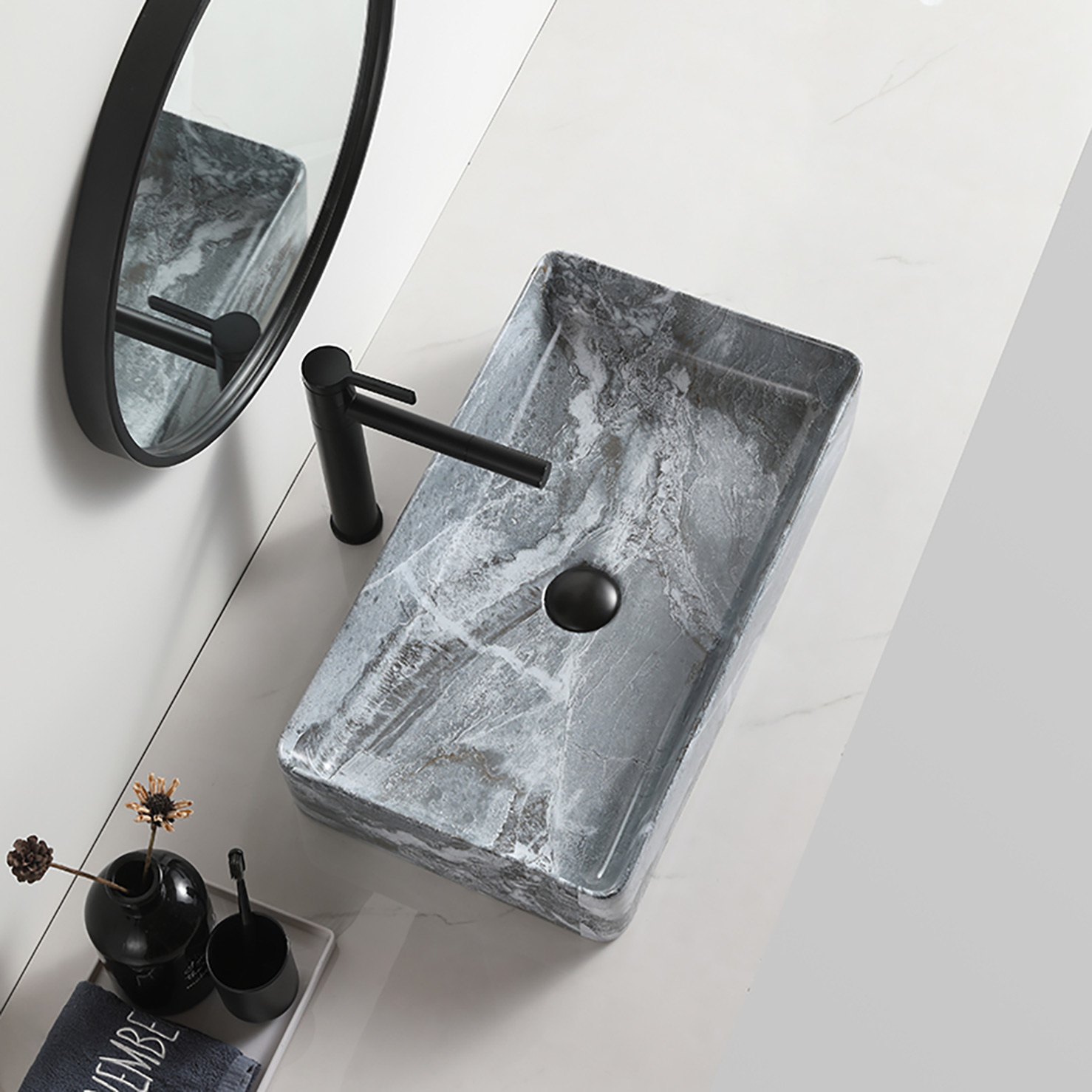 Элегантная чорная ракавіна для ваннай, дэкаратыўная Lavabo salle bain Matt Ceramic Table Top Washsin Marble Hotel Art Basins (10)
