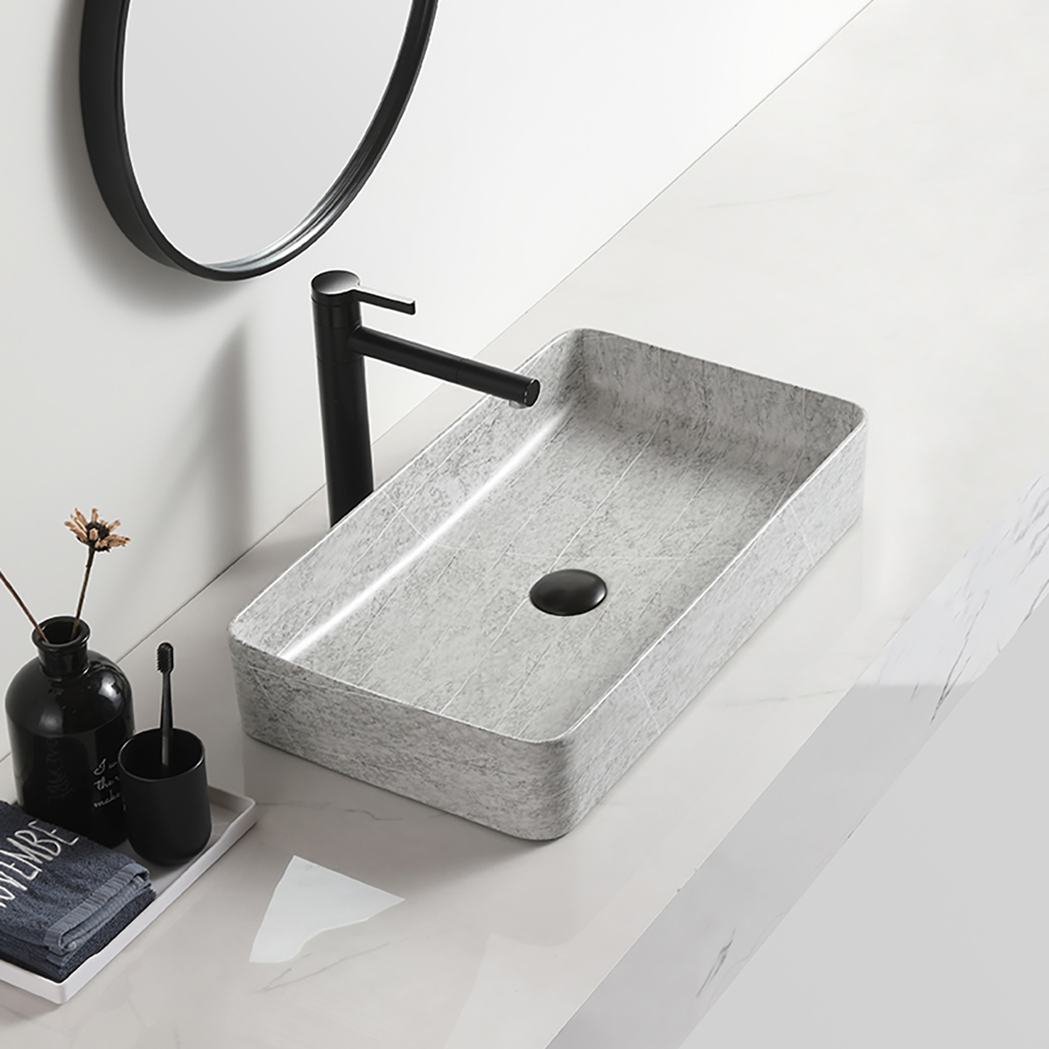 បន្ទប់ទឹកខ្មៅឆើតឆាយលិចតុបតែង Lavabo salle bain Matt Ceramic Table Top Washbasin Marble Hotel Art Basins (8)