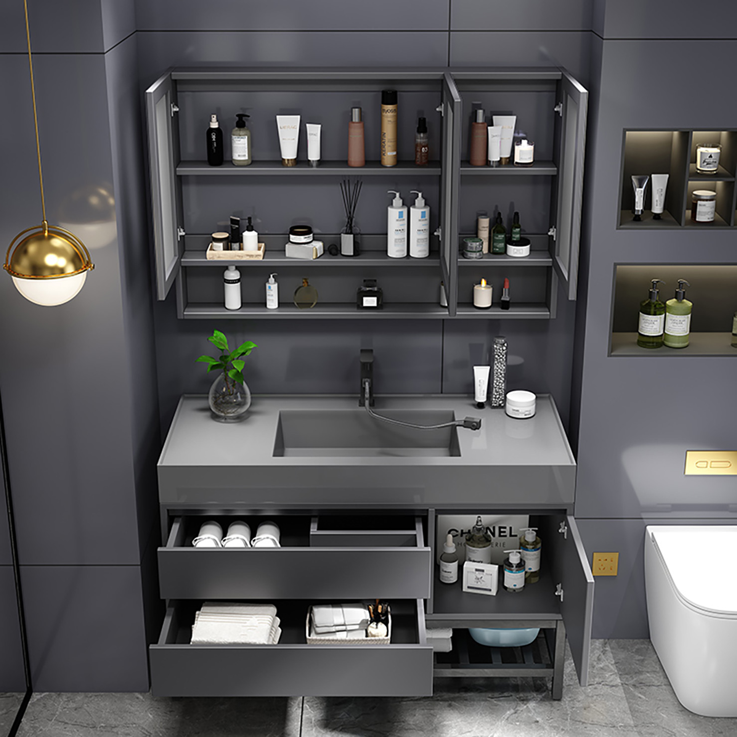 대형 매트 블랙 벽걸이형 욕실 캐비닛 36인치 독특한 스탠딩 아메리칸 욕실 화장대 세트(11)