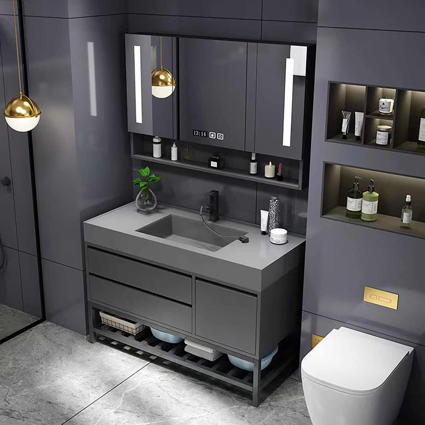 Nagy matt fekete falra szerelhető fürdőszobai szekrény 36 hüvelykes egyedi álló amerikai fürdőszobai mosdókészlet (18)