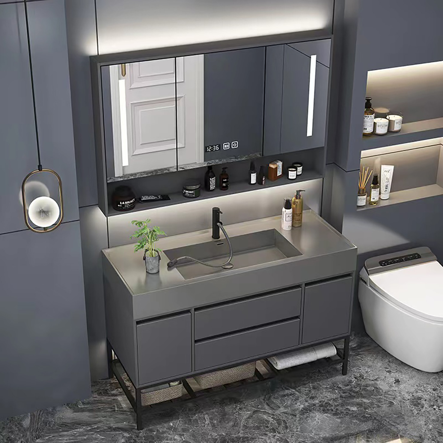 Large matte black wall-mounted bathroom cabinet 36 inches unique standing american bathroom vanity set (16)