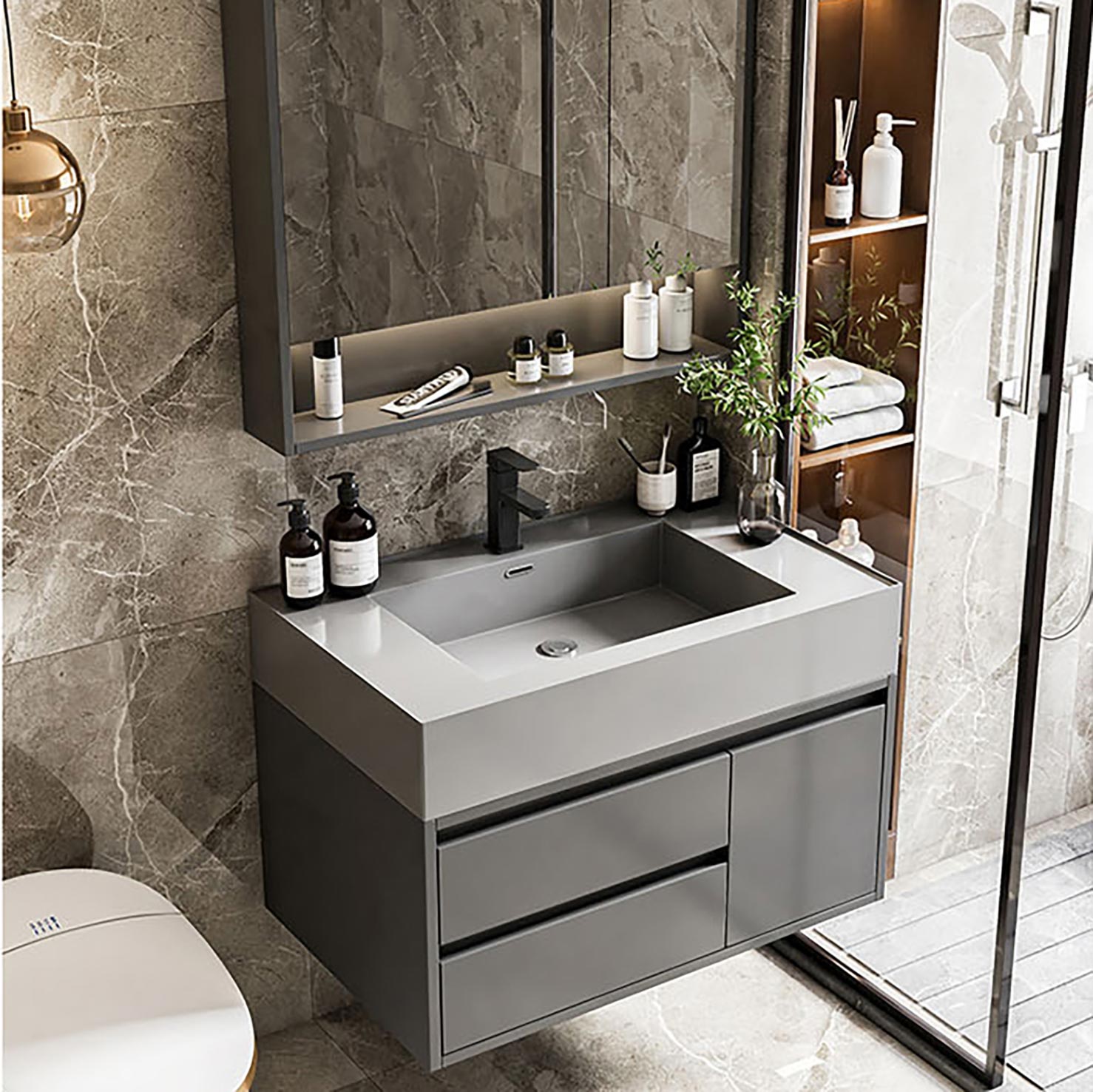 Large matte black wall-mounted bathroom cabinet 36 inches unique standing american bathroom vanity set (19)