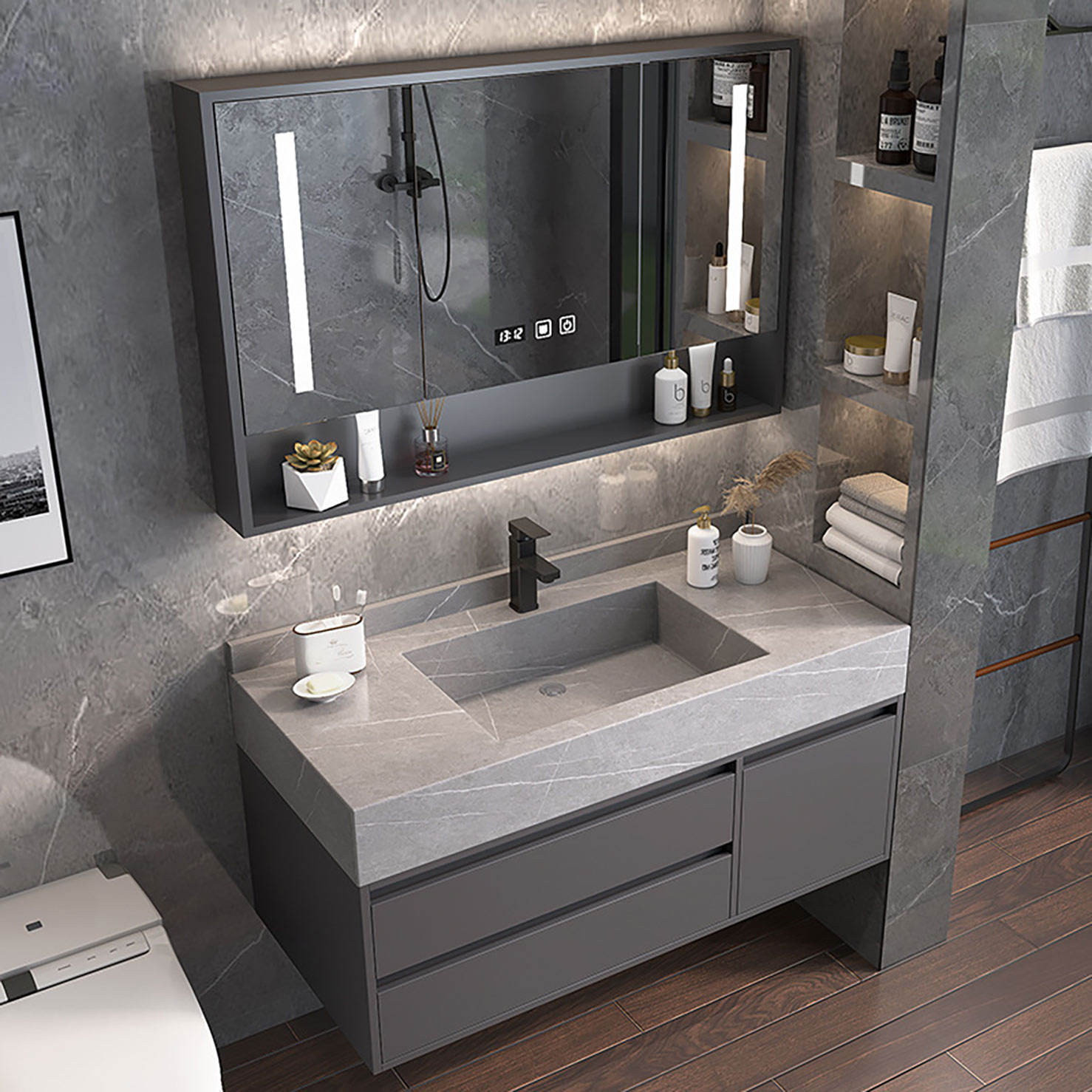 Modern Gray Wall Mount Bathroom Vanity Hotel Solid Wood Washroom Storage Cabinet Set Marble Floating Vanity (1)