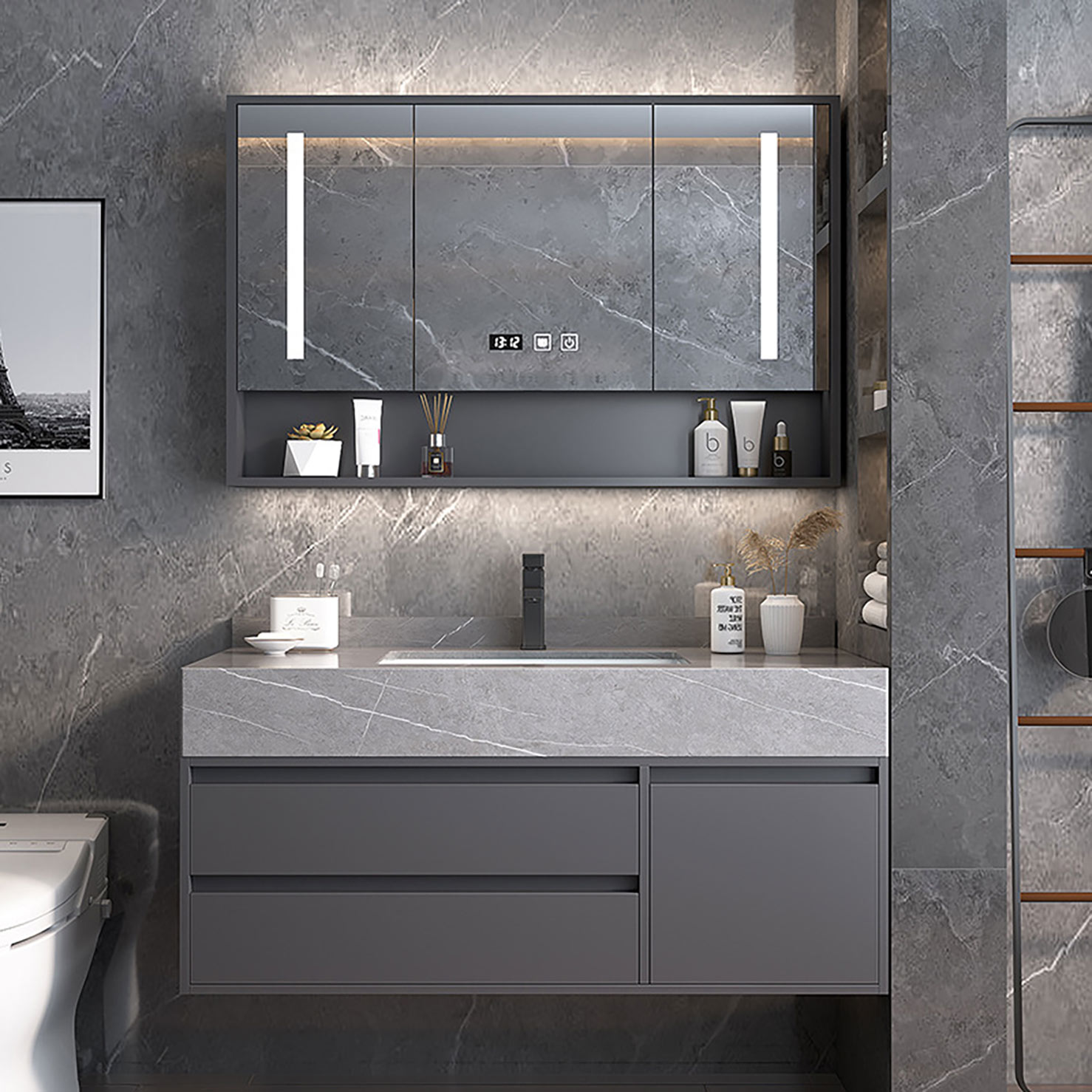 Modern Gray Wall Mount Bathroom Vanity Hotel Solid Wood Washroom Storage Cabinet Set Marble Floating Vanity (2)