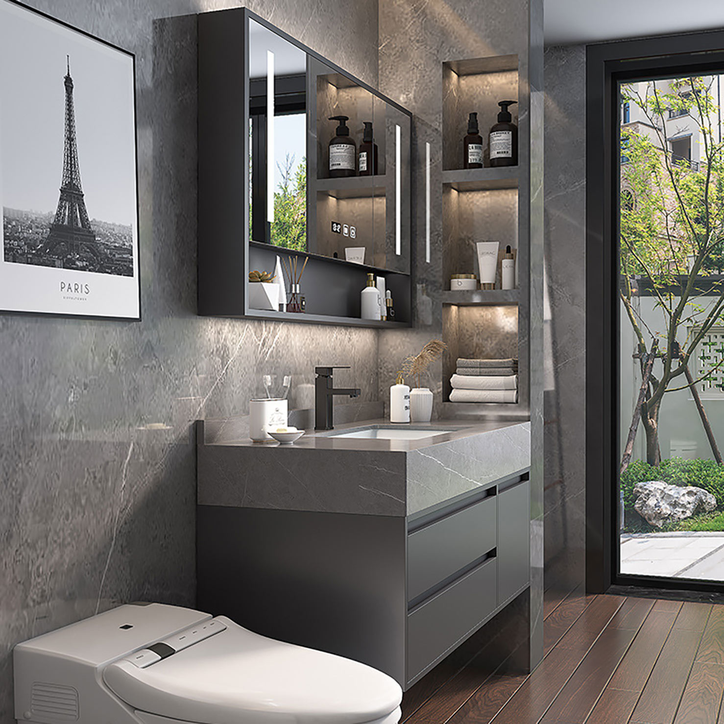 Modern Gray Wall Mount Bathroom Vanity Hotel Solid Wood Washroom Storage Cabinet Set Marble Floating Vanity (3)