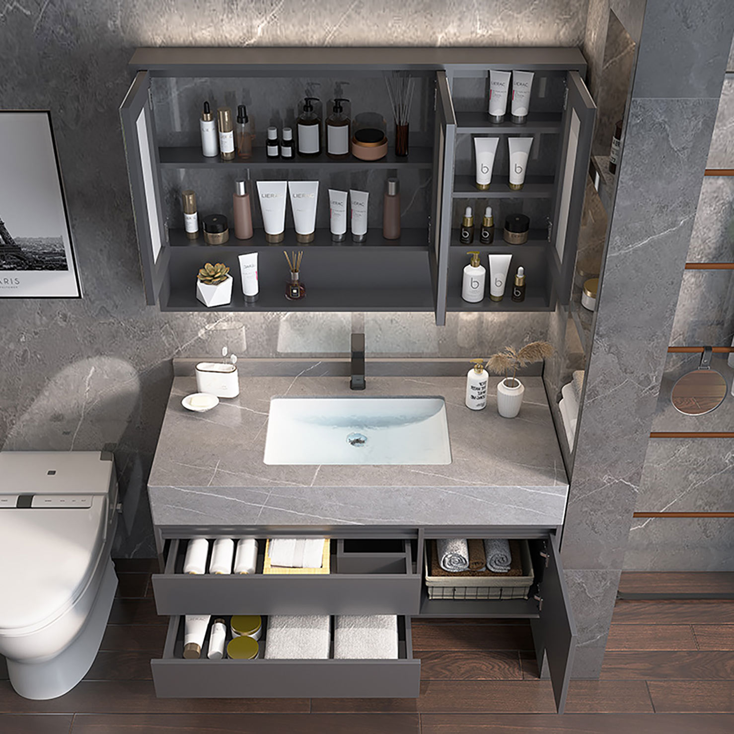 Modern Gray Wall Mount Bathroom Vanity Hotel Solid Wood Washroom Storage Cabinet Set Marble Floating Vanity (4)