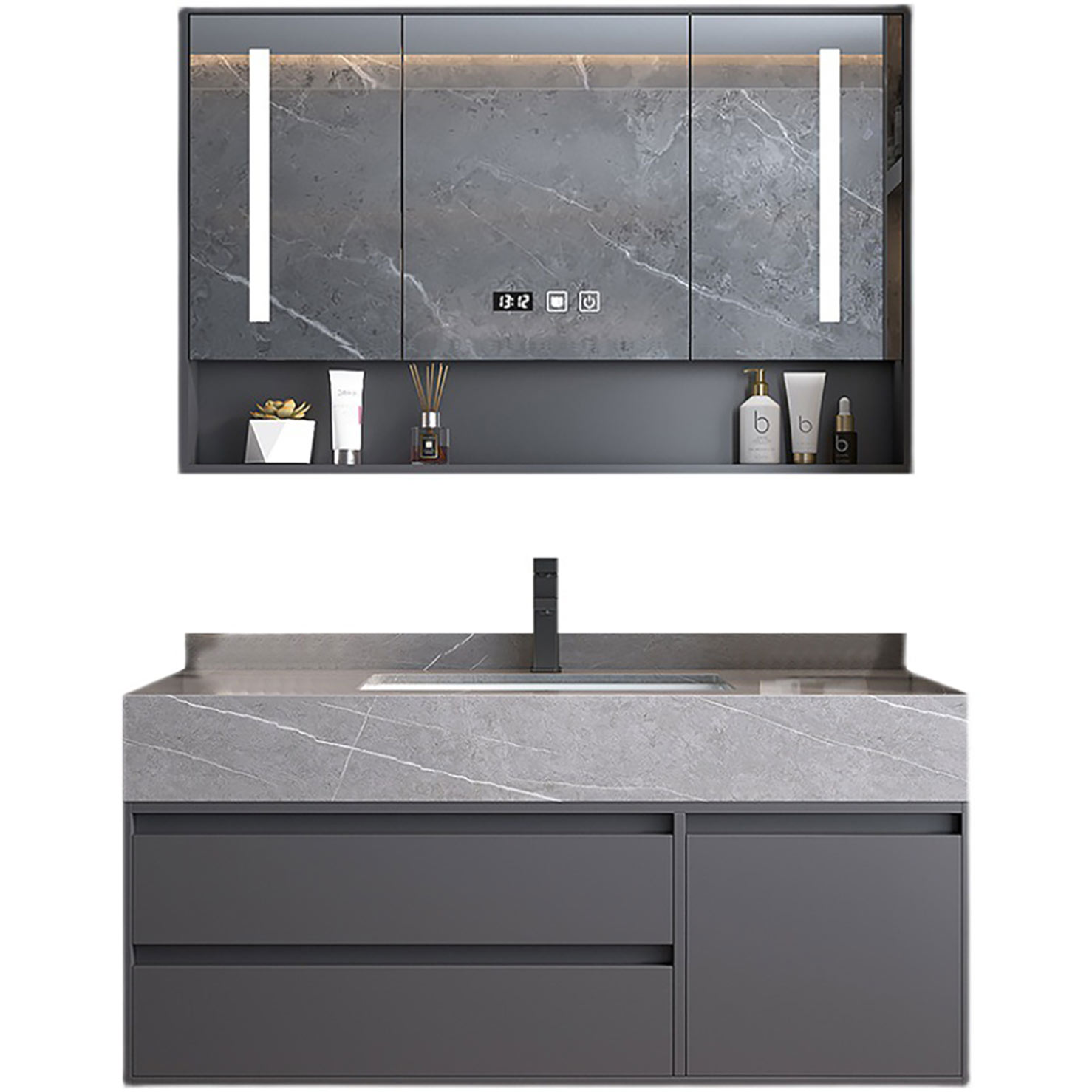Modern Gray Wall Mount Bathroom Vanity Hotel Solid Wood Washroom Storage Cabinet Set Marble Floating Vanity (5)