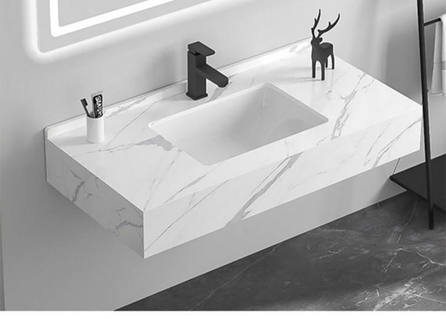 Vasque Marbre Noir Solid Surface Porcelain Sink Artificial Stone Cabinet Basin Wall Hung Bathroom Vanity Double Sink (2)