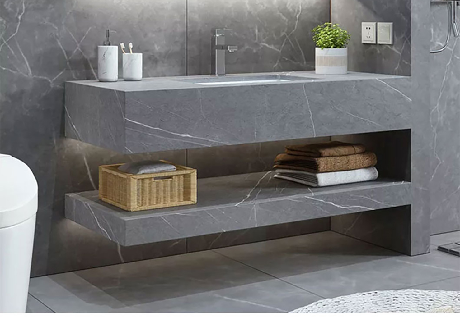 Vasque Marbre Noir Solid Surface Porcelain Sink Artificial Stone Cabinet Basin Wall Hung Bathroom Vanity Double Sink (5)